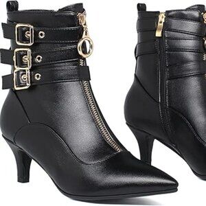 NEW- Womens 8.5 Black Ankle Boots; with Buckle, Strap, Kitten Heels, Pointed Toe